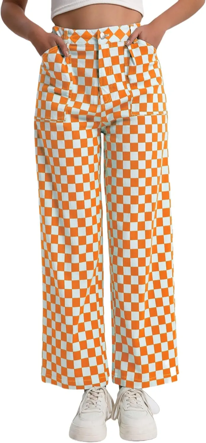 Womens Checkered Pants High Waisted Straight Wide Leg Gingham Baggy Jeans Trousers with Pockets