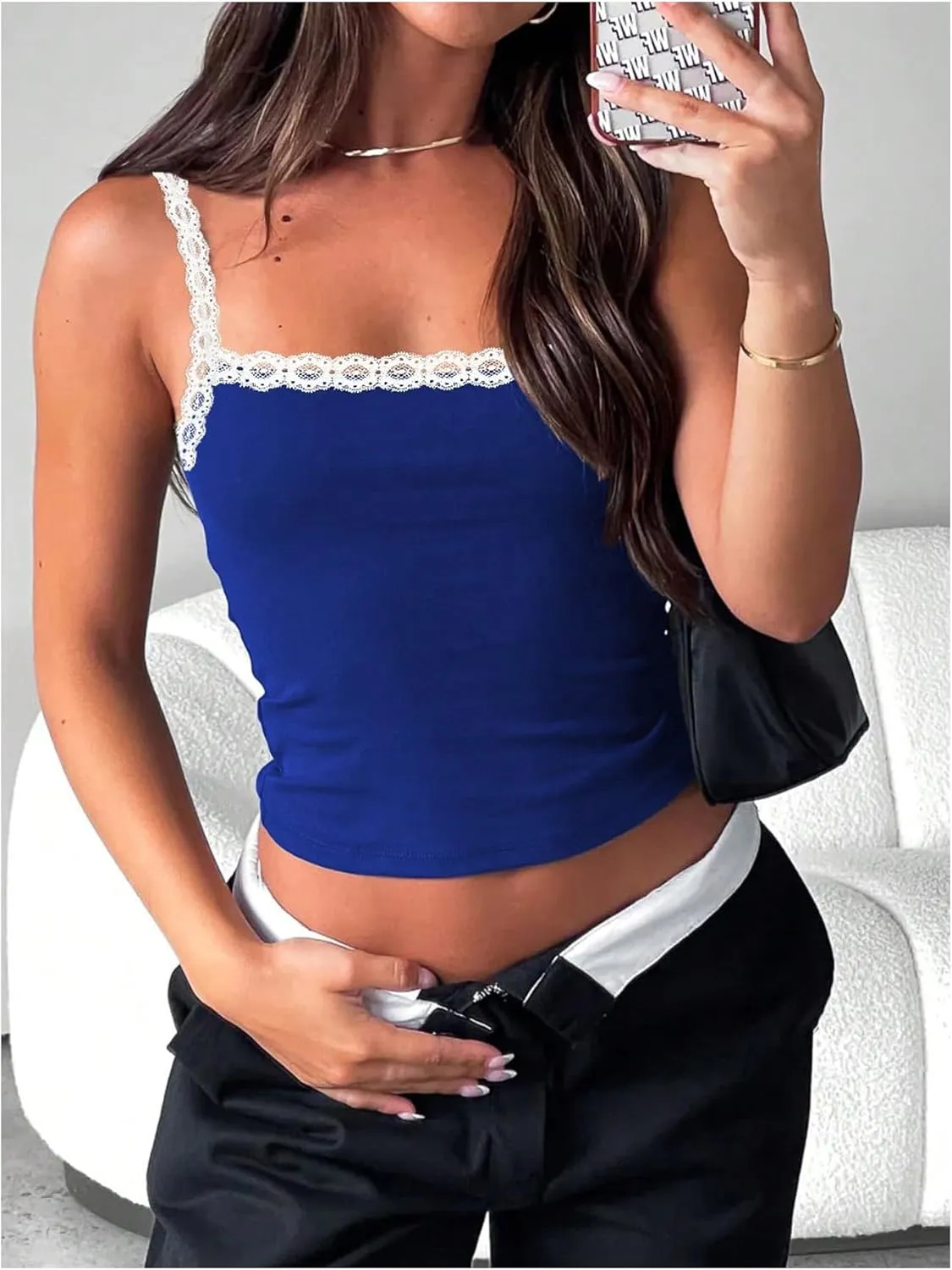 Women's Color Block Lace Y2K Camisole Tops Scoop Neck Slim Fit Spaghetti Strap Crop Tank Top