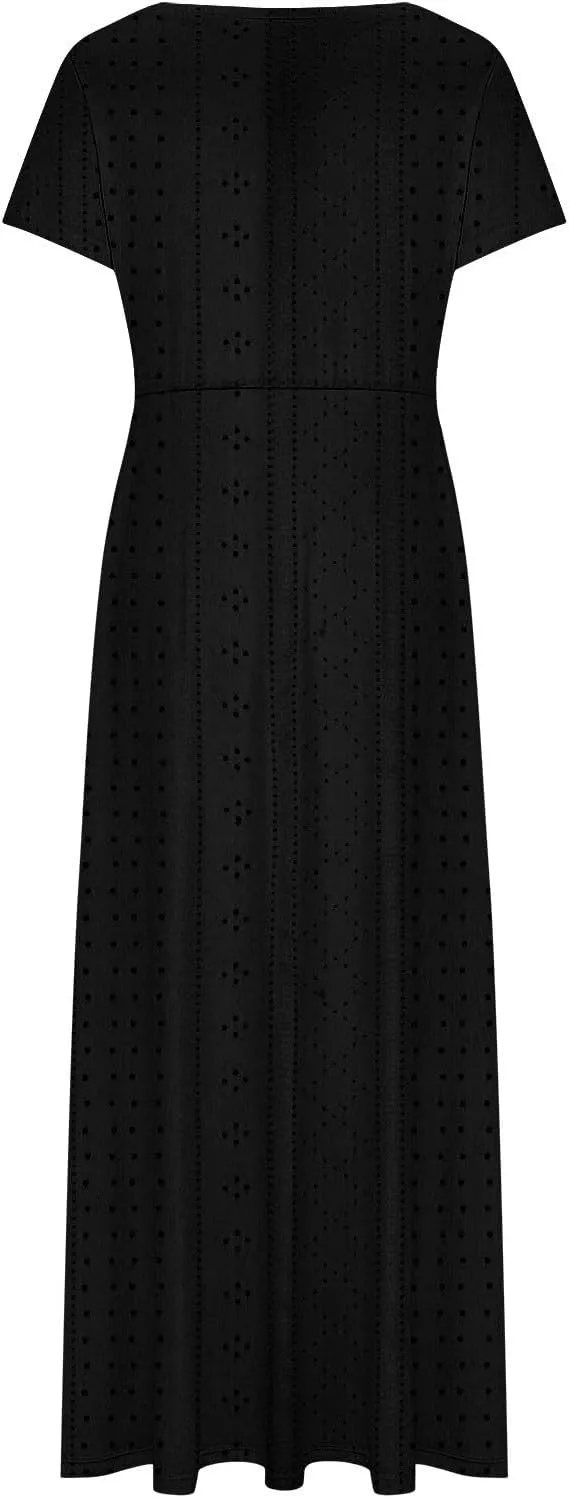 Womens Dresses 2025 Summer V Neck Short Sleeve Solid Eyelet Waisted Ankle Length Dress Beach Vacation Maxi Dresses