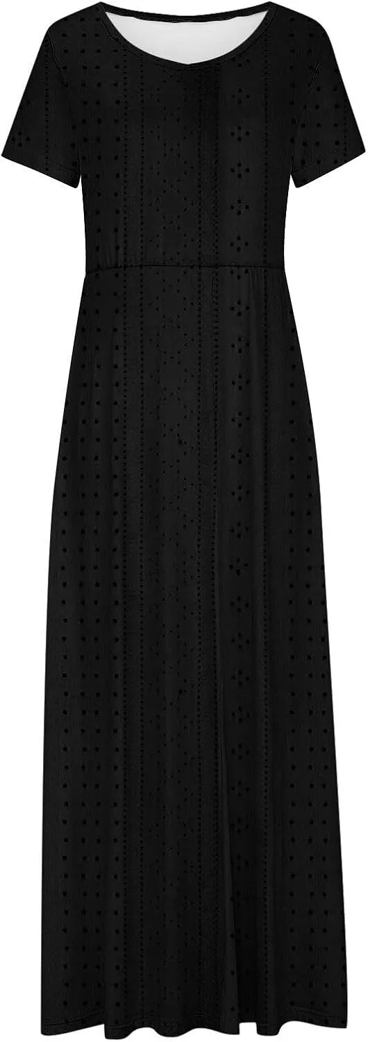 Womens Dresses 2025 Summer V Neck Short Sleeve Solid Eyelet Waisted Ankle Length Dress Beach Vacation Maxi Dresses