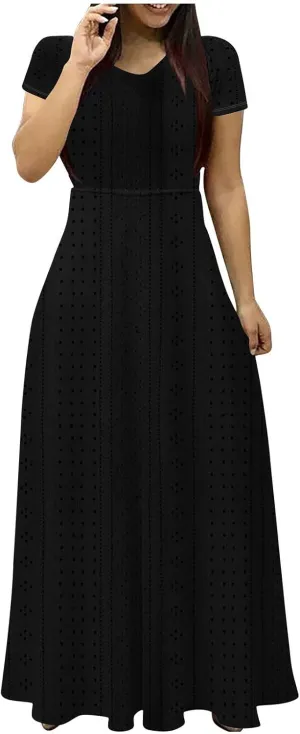 Womens Dresses 2025 Summer V Neck Short Sleeve Solid Eyelet Waisted Ankle Length Dress Beach Vacation Maxi Dresses