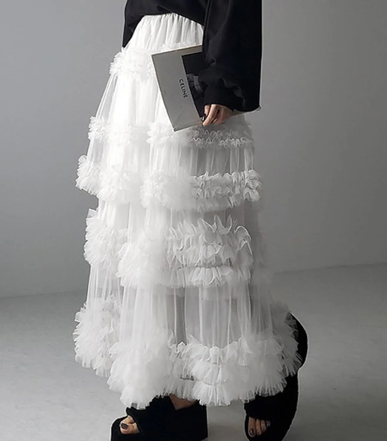 Women's Fairy Layered Tulle Midi Skirt Sweet Elastic High Waist A-Line Ruffle Tiered Mesh Puffy Long Maxi Skirt