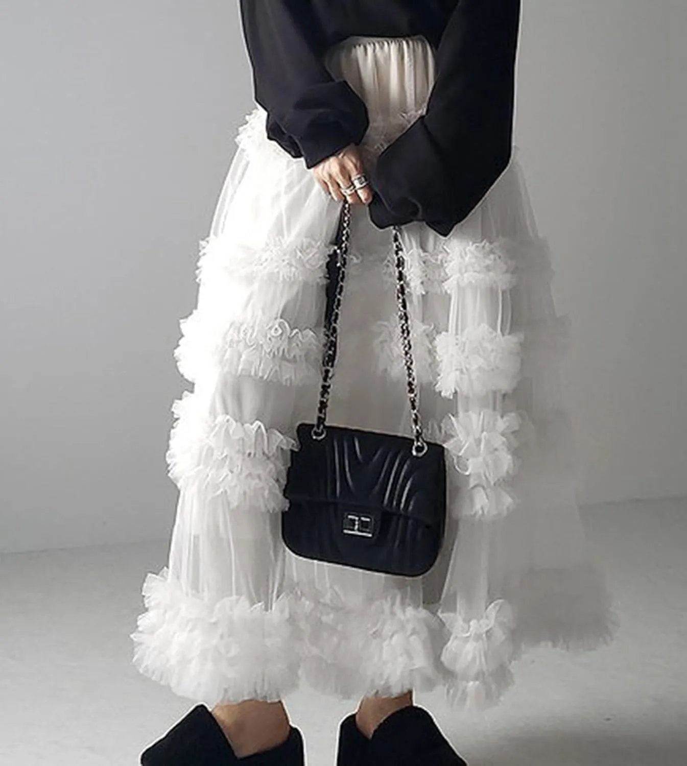 Women's Fairy Layered Tulle Midi Skirt Sweet Elastic High Waist A-Line Ruffle Tiered Mesh Puffy Long Maxi Skirt