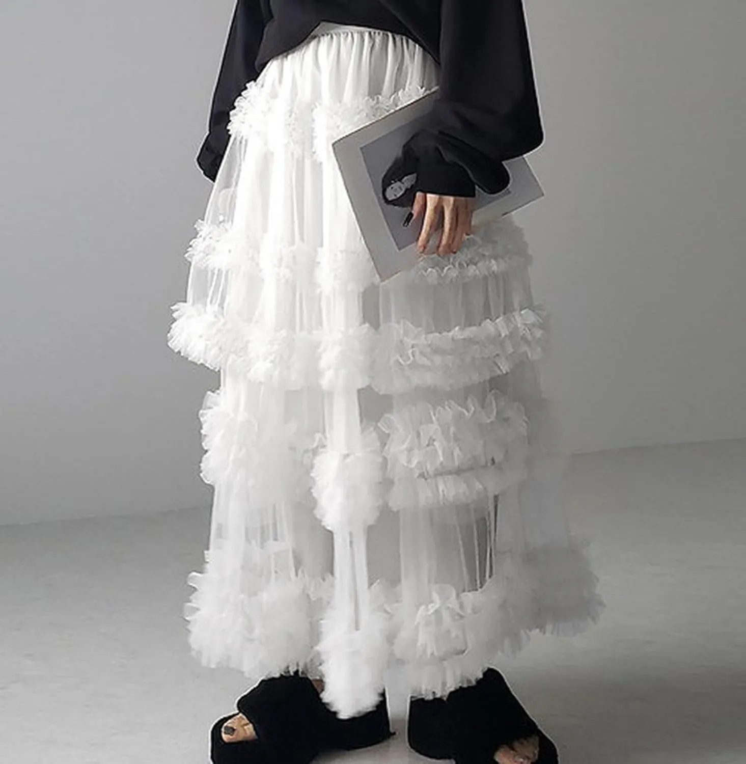 Women's Fairy Layered Tulle Midi Skirt Sweet Elastic High Waist A-Line Ruffle Tiered Mesh Puffy Long Maxi Skirt