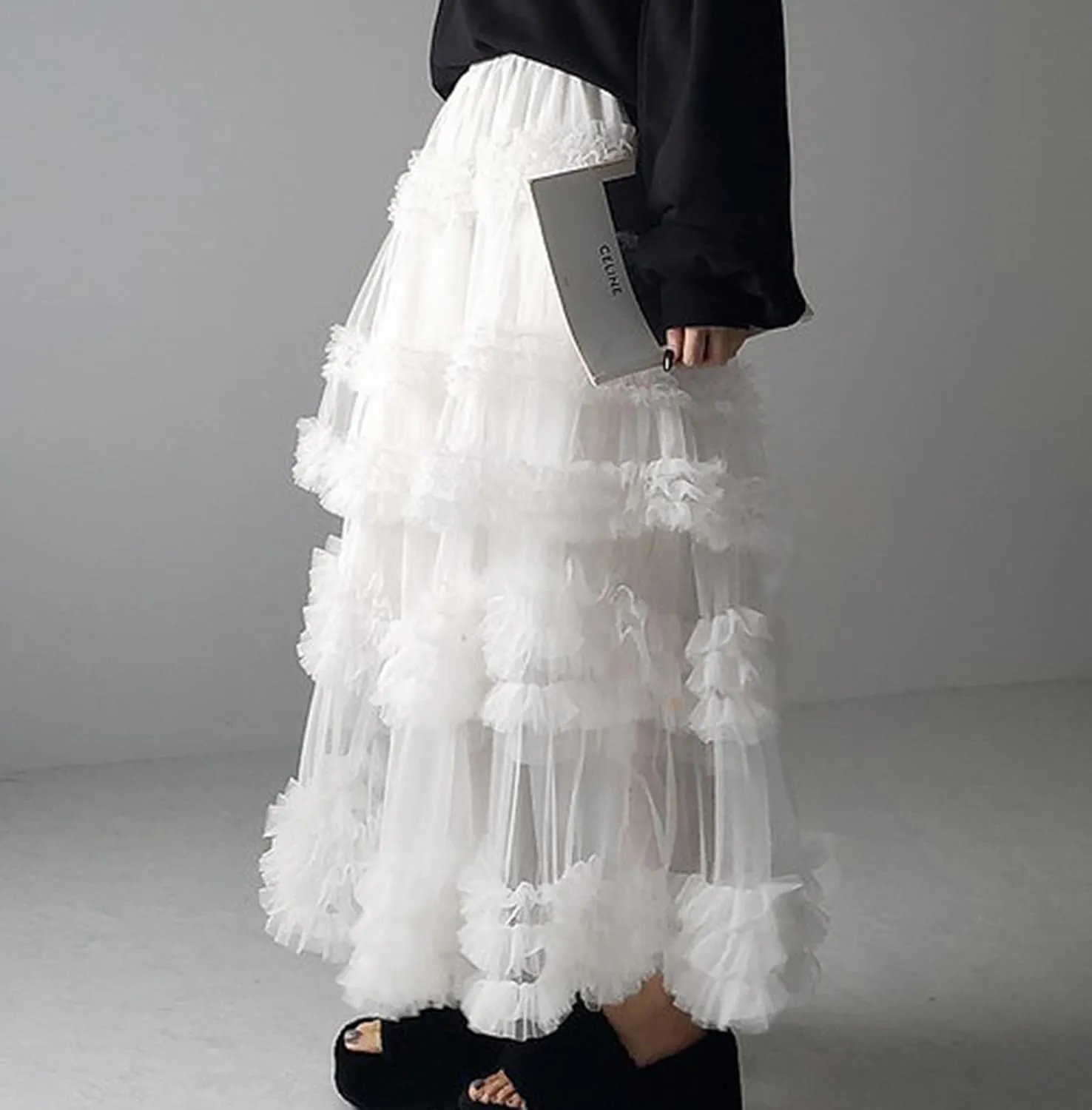 Women's Fairy Layered Tulle Midi Skirt Sweet Elastic High Waist A-Line Ruffle Tiered Mesh Puffy Long Maxi Skirt