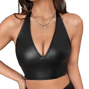 Women's Faux Vinyl PVC Leather Camisole V Neck Sleeveless Micro Vest Crop Bustier Top
