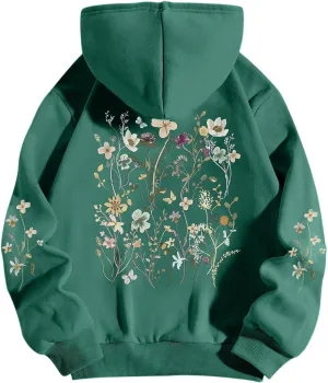 Women's Floral Printed Hoodies Vintage Aesthetic Flower Graphic Sweatshirt Cute Boho Fleece Thermal Hoodie Pullover