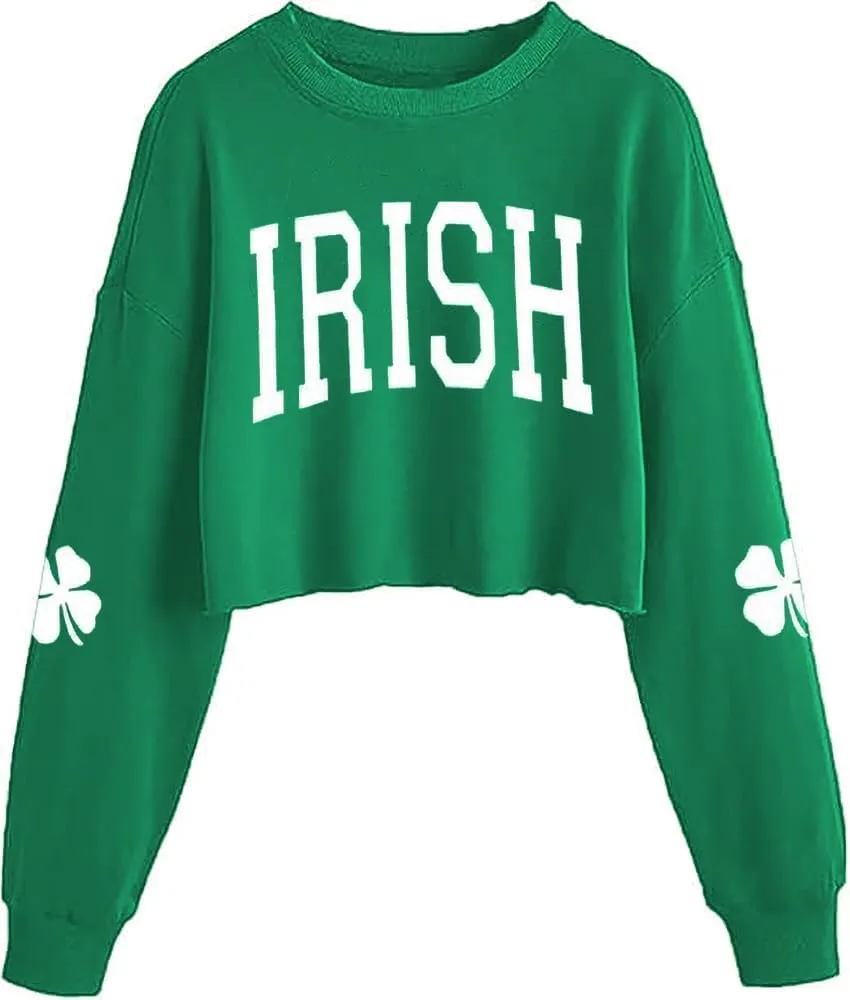 Women's Funny Clover Graphic Crop Sweatshirts St. Patrick's Day Lucky Shamrock Lantern Long Sleeve Pullover Tops