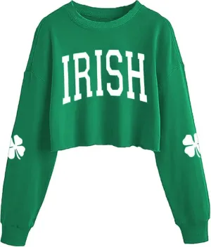 Women's Funny Clover Graphic Crop Sweatshirts St. Patrick's Day Lucky Shamrock Lantern Long Sleeve Pullover Tops