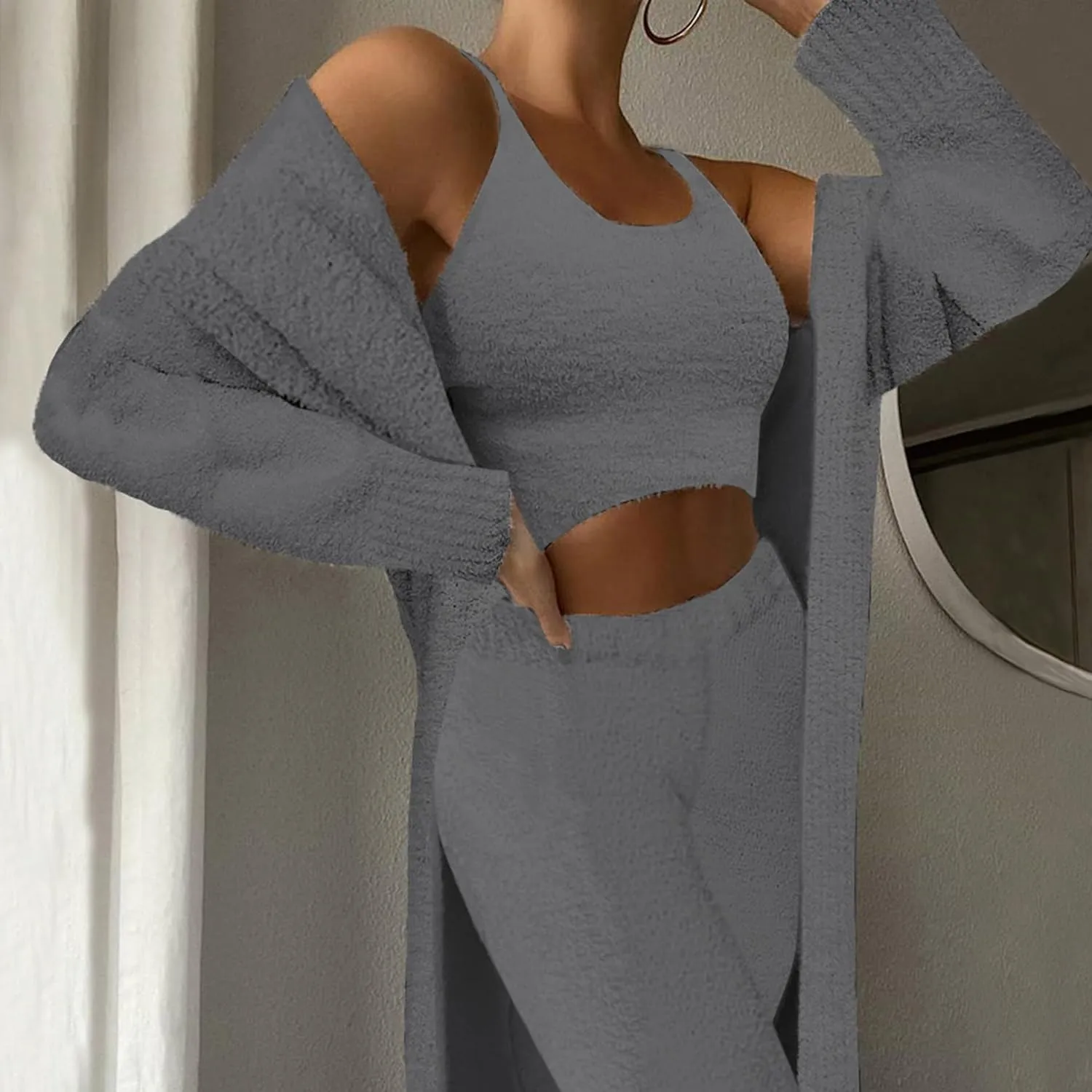 Women's Fuzzy 3 Piece Sweatsuit Open Front Cardigan Crop Tank Tops Wide Legs Pants Lounge Sets