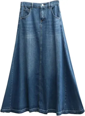 Women's High Waisted Denim Long Swing Skirts Slim A-Line Umbrella Skirt Female Casual