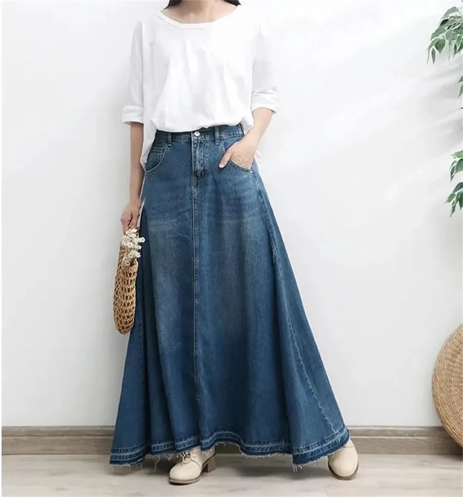 Women's High Waisted Denim Long Swing Skirts Slim A-Line Umbrella Skirt Female Casual