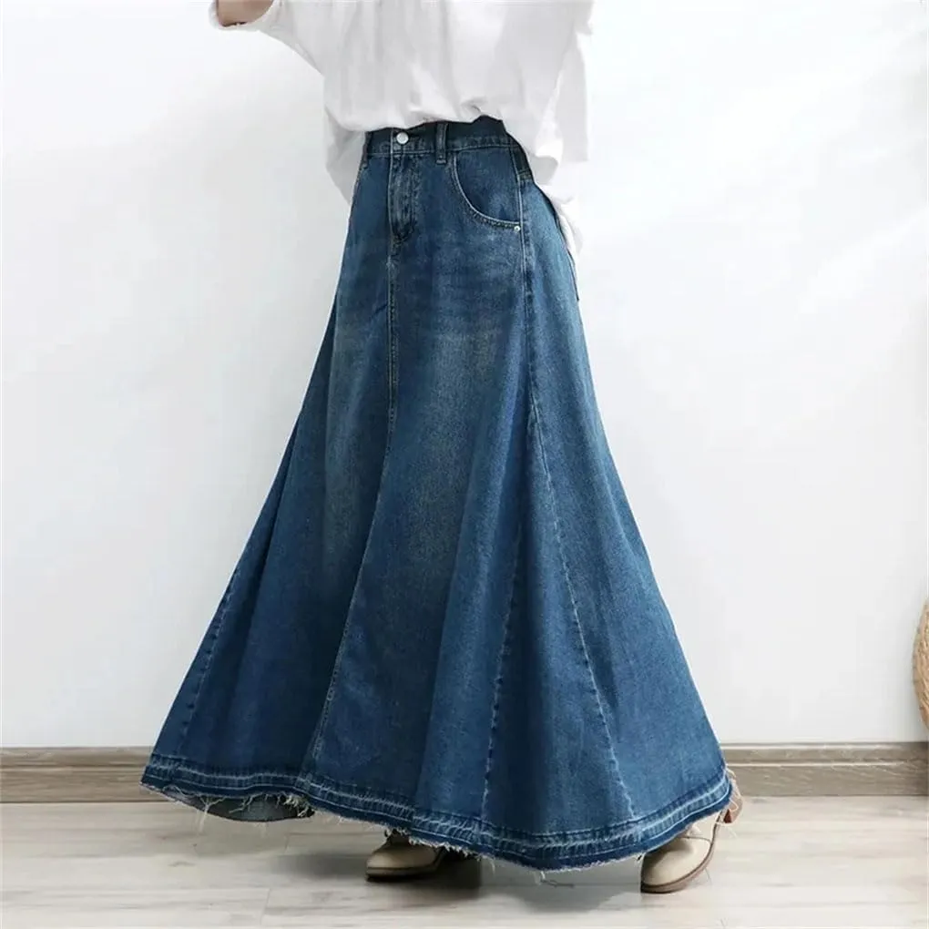 Women's High Waisted Denim Long Swing Skirts Slim A-Line Umbrella Skirt Female Casual