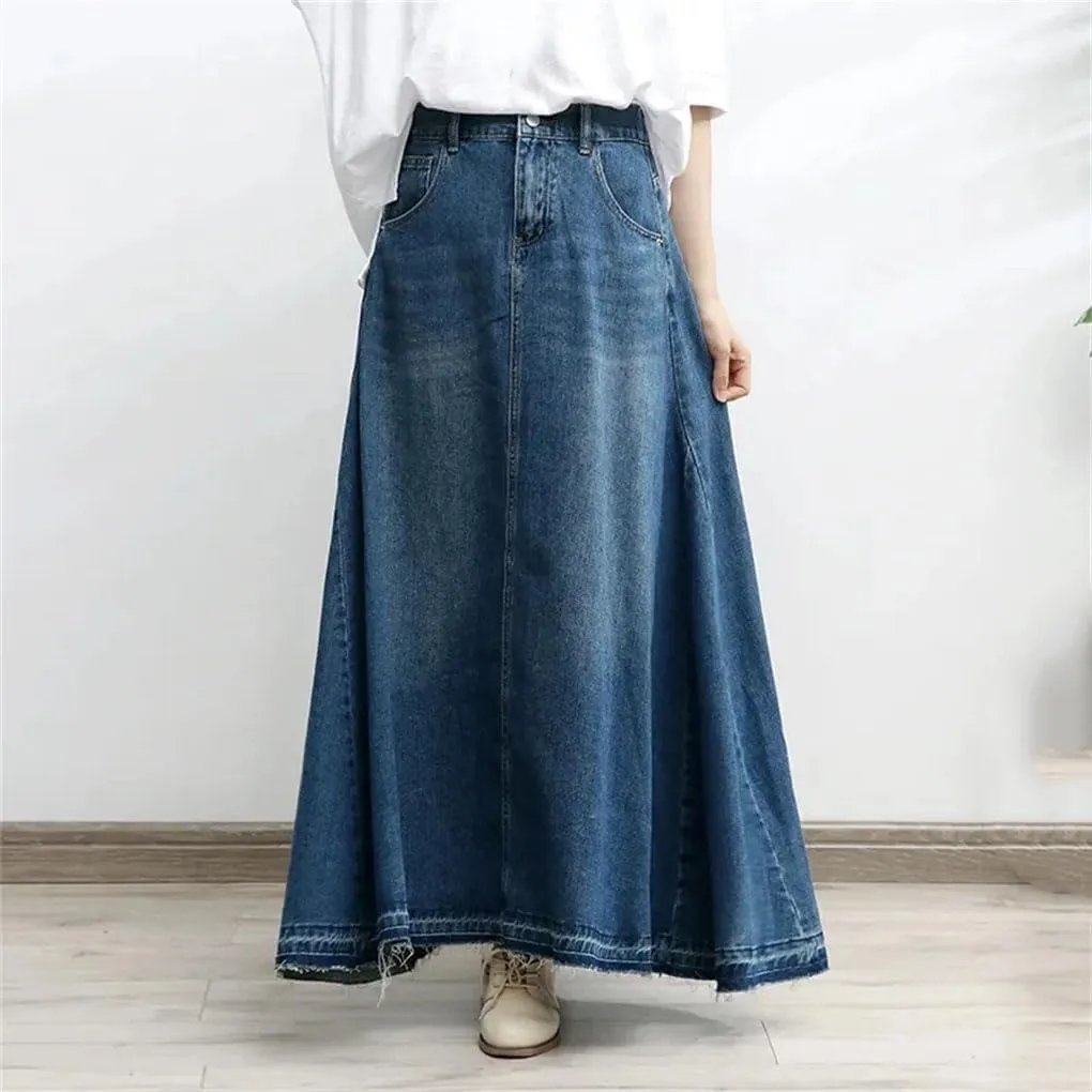 Women's High Waisted Denim Long Swing Skirts Slim A-Line Umbrella Skirt Female Casual
