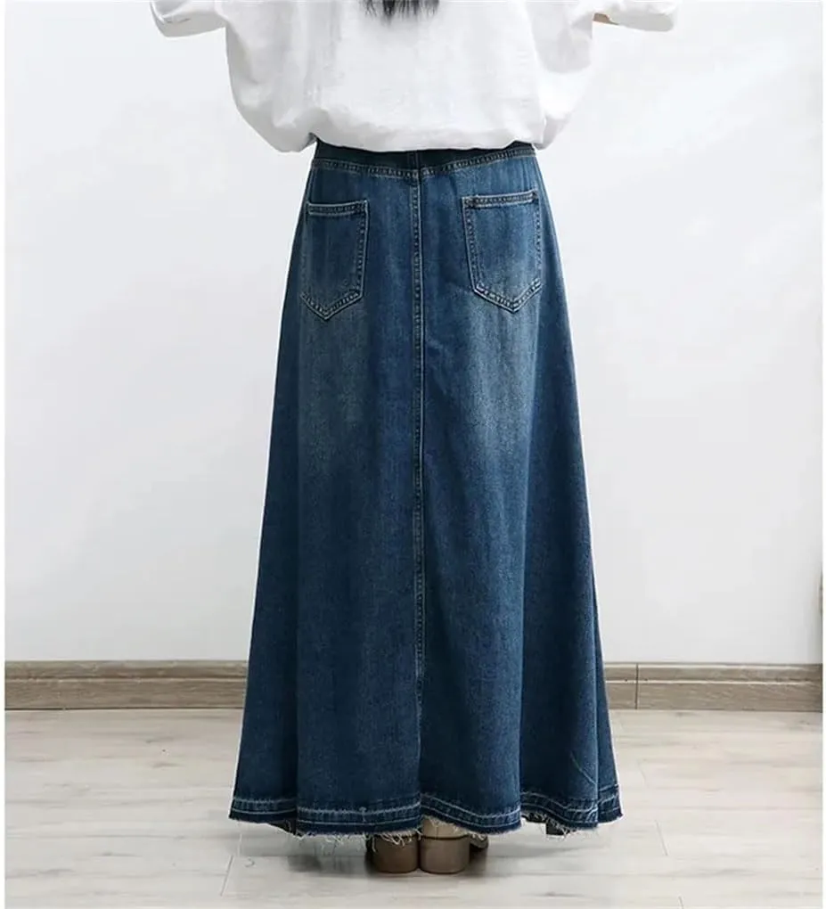 Women's High Waisted Denim Long Swing Skirts Slim A-Line Umbrella Skirt Female Casual