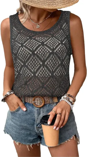 Women's Hollow Sweater Vest Crochet Tank Tops Knit Out Sleeveless Cover Up Summer Boho Top Pullover