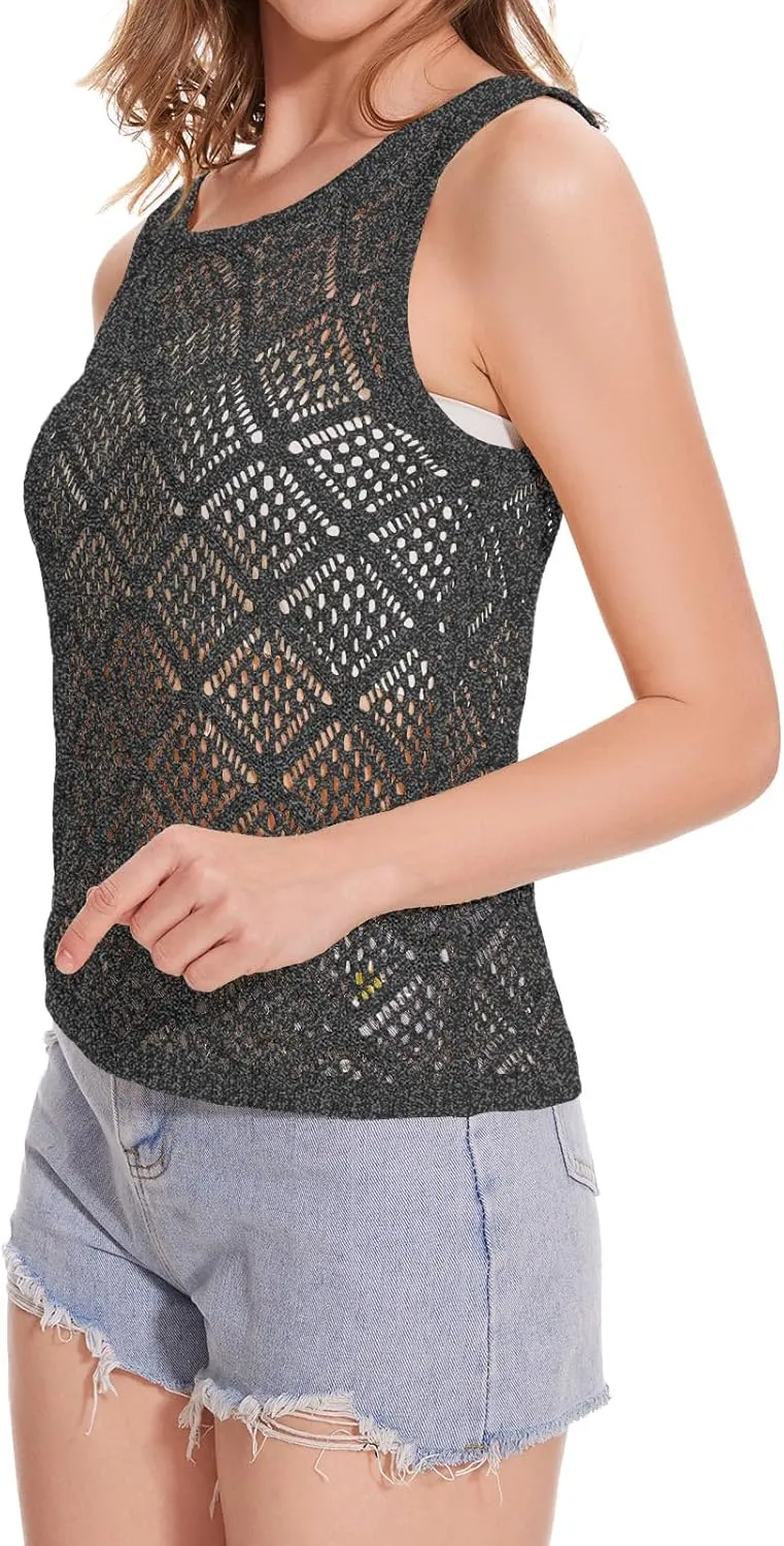 Women's Hollow Sweater Vest Crochet Tank Tops Knit Out Sleeveless Cover Up Summer Boho Top Pullover