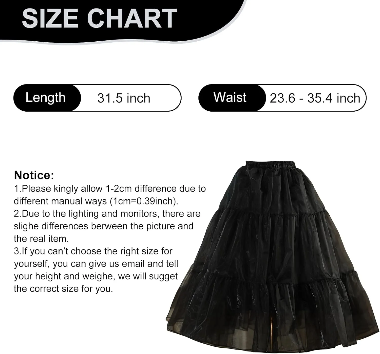 Women's Long White Petticoat 50s Vintage Underskirt Tulle Skirt Above Knee Tutu 31.5 inch for Lolita White Dress