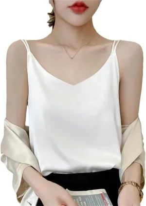Women's Mulberry Silk Camisole Summer Thin Loose Sleeveless Tops Spaghetti Strap V Neck Backless Sexy Shirt