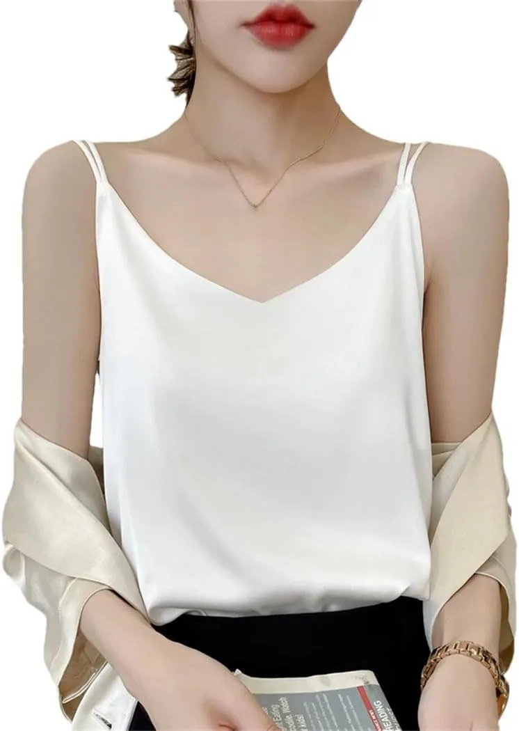 Women's Mulberry Silk Camisole Summer Thin Loose Sleeveless Tops Spaghetti Strap V Neck Backless Sexy Shirt