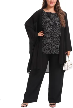 Women's Plus Size Mother of Bride Pant Suits 3 Piece Chiffon Elegant Sets Lace Wedding Guest Outfit