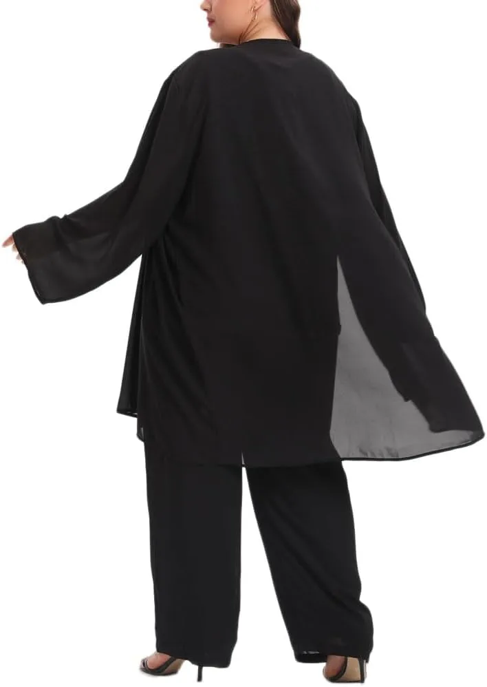 Women's Plus Size Mother of Bride Pant Suits 3 Piece Chiffon Elegant Sets Lace Wedding Guest Outfit