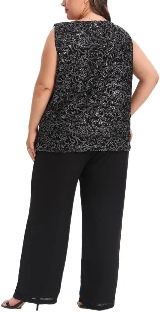 Women's Plus Size Mother of Bride Pant Suits 3 Piece Chiffon Elegant Sets Lace Wedding Guest Outfit
