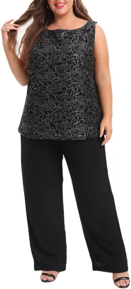 Women's Plus Size Mother of Bride Pant Suits 3 Piece Chiffon Elegant Sets Lace Wedding Guest Outfit