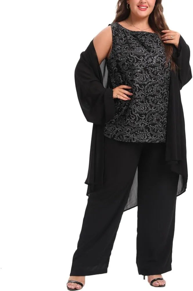 Women's Plus Size Mother of Bride Pant Suits 3 Piece Chiffon Elegant Sets Lace Wedding Guest Outfit