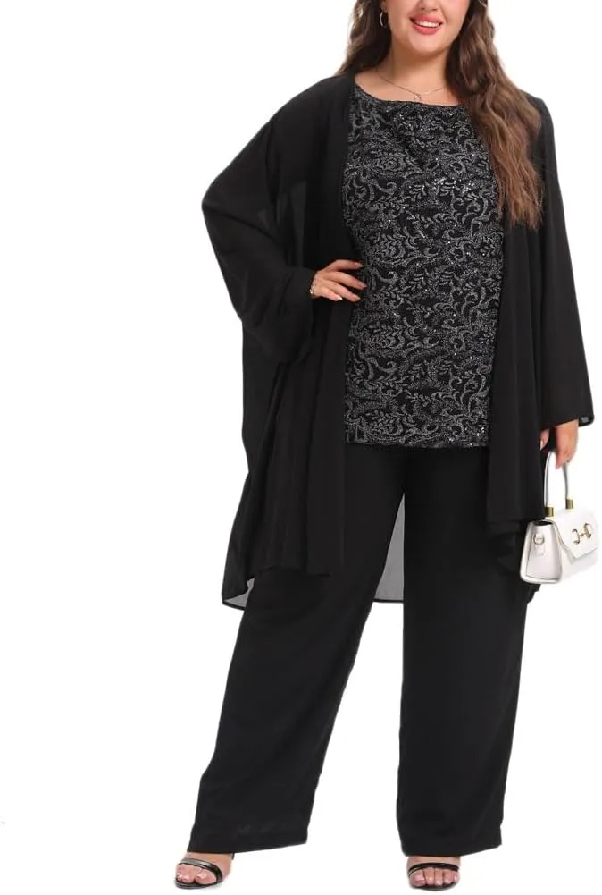 Women's Plus Size Mother of Bride Pant Suits 3 Piece Chiffon Elegant Sets Lace Wedding Guest Outfit
