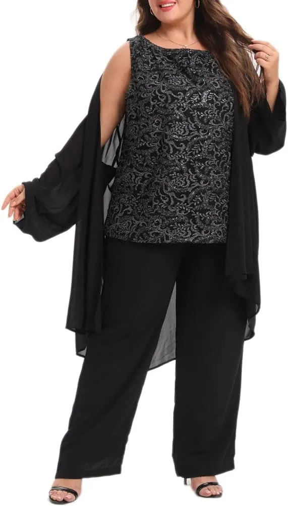 Women's Plus Size Mother of Bride Pant Suits 3 Piece Chiffon Elegant Sets Lace Wedding Guest Outfit
