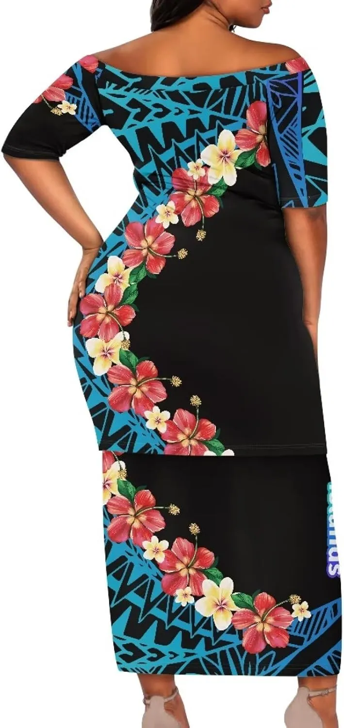 Womens Polynesian Puletasi Samoan Dress Short Sleeve One Shoulder Maxi Dress 2 Piece Outfit