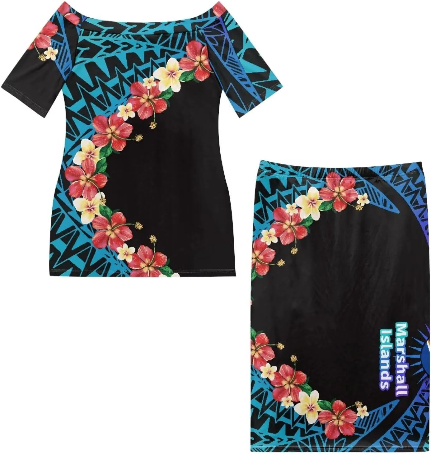 Womens Polynesian Puletasi Samoan Dress Short Sleeve One Shoulder Maxi Dress 2 Piece Outfit