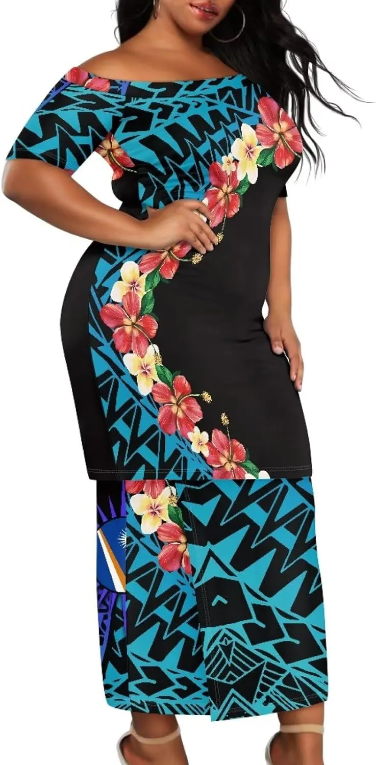 Womens Polynesian Puletasi Samoan Dress Short Sleeve One Shoulder Maxi Dress 2 Piece Outfit