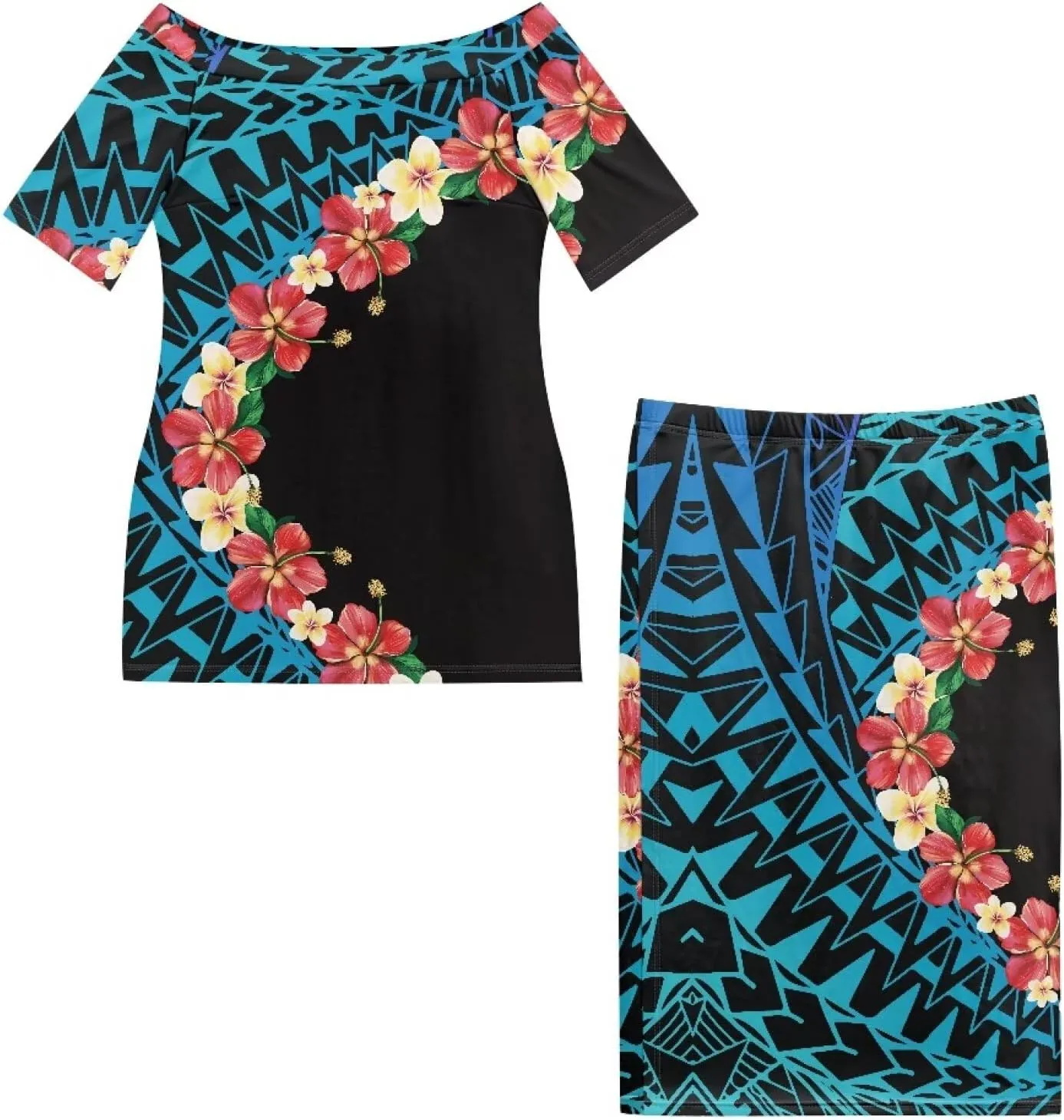 Womens Polynesian Puletasi Samoan Dress Short Sleeve One Shoulder Maxi Dress 2 Piece Outfit