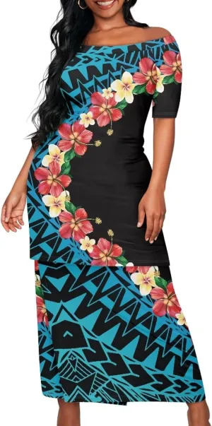 Womens Polynesian Puletasi Samoan Dress Short Sleeve One Shoulder Maxi Dress 2 Piece Outfit