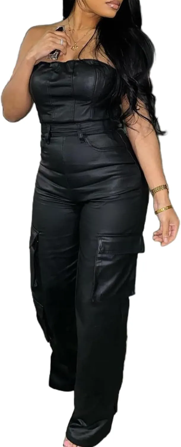 Womens PU Leather Jumpsuit Sexy Off the Shoulder Top Tight Waist Cargo Pants Bodysuit