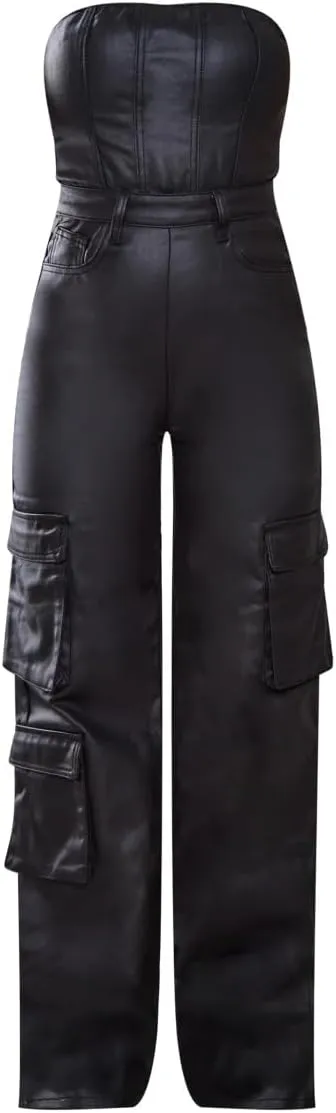 Womens PU Leather Jumpsuit Sexy Off the Shoulder Top Tight Waist Cargo Pants Bodysuit