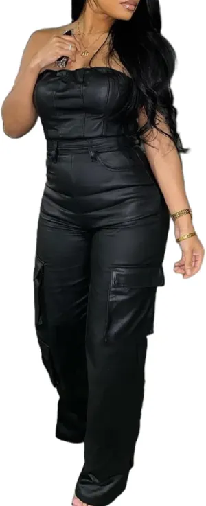 Womens PU Leather Jumpsuit Sexy Off the Shoulder Top Tight Waist Cargo Pants Bodysuit