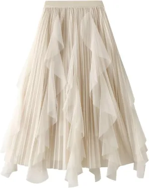 Women's Ruffled Tulle Midi Skirt High Waist Pleated A-line Skirt for Elegant and Casual Occasions 2025 Summer Fashion