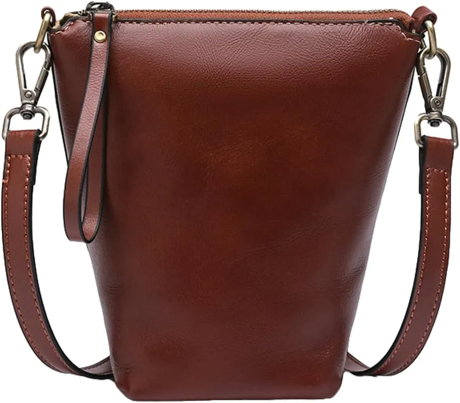Womens Small Genuine Leather Crossbody Phone Purse Mini Bucket Shoulder Tote Bag Handbag with Adjustable Strap