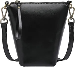 Womens Small Genuine Leather Crossbody Phone Purse Mini Bucket Shoulder Tote Bag Handbag with Adjustable Strap