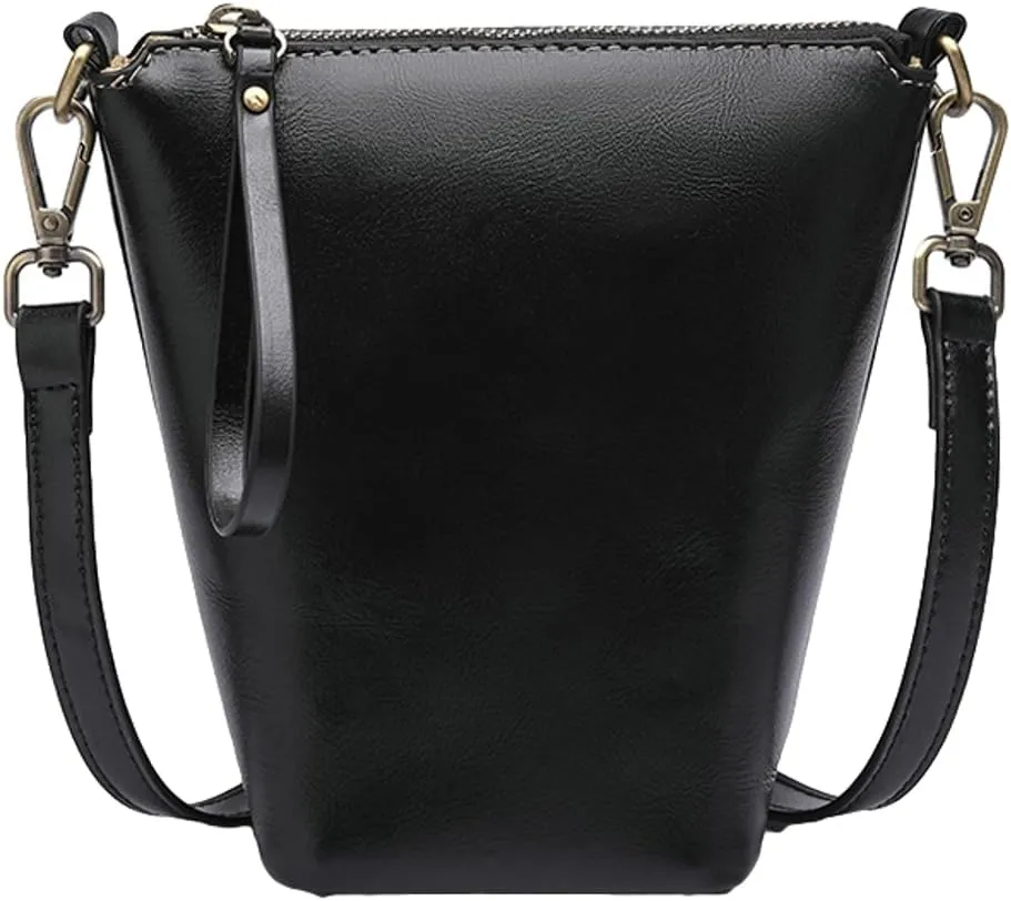 Womens Small Genuine Leather Crossbody Phone Purse Mini Bucket Shoulder Tote Bag Handbag with Adjustable Strap