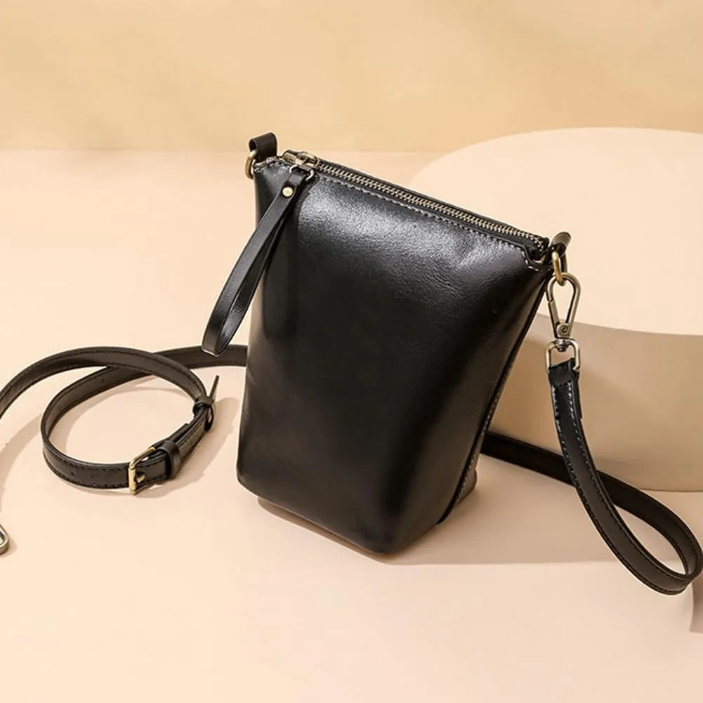 Womens Small Genuine Leather Crossbody Phone Purse Mini Bucket Shoulder Tote Bag Handbag with Adjustable Strap