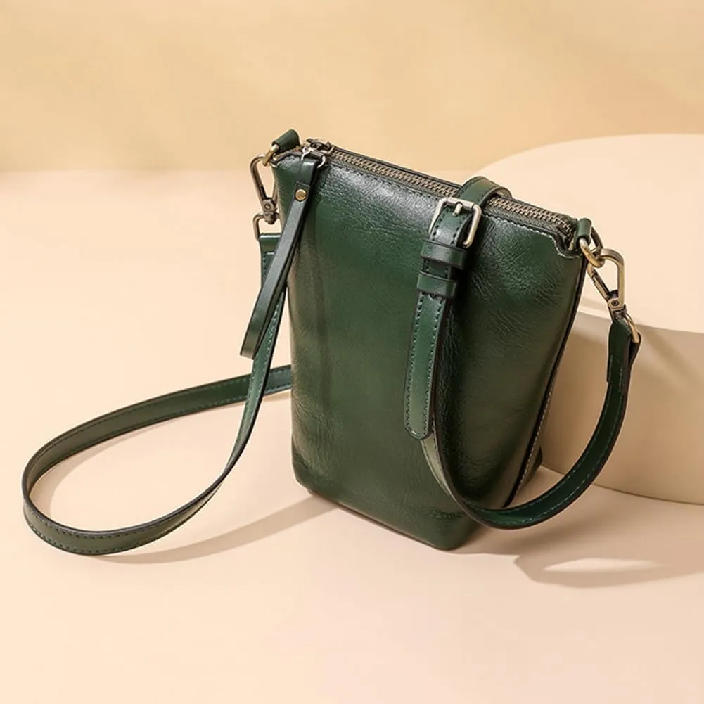 Womens Small Genuine Leather Crossbody Phone Purse Mini Bucket Shoulder Tote Bag Handbag with Adjustable Strap