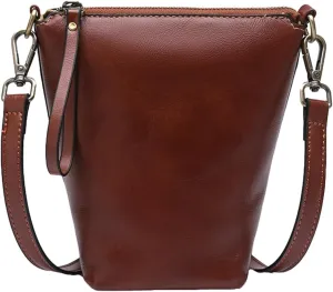 Womens Small Genuine Leather Crossbody Phone Purse Mini Bucket Shoulder Tote Bag Handbag with Adjustable Strap