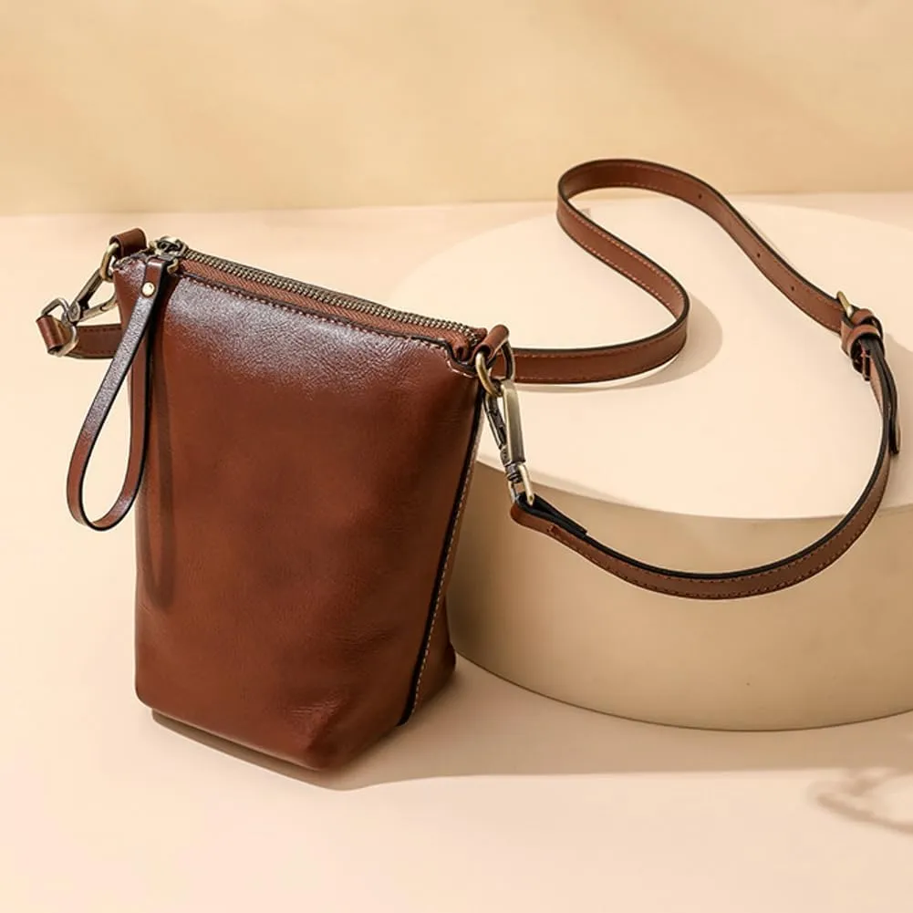 Womens Small Genuine Leather Crossbody Phone Purse Mini Bucket Shoulder Tote Bag Handbag with Adjustable Strap