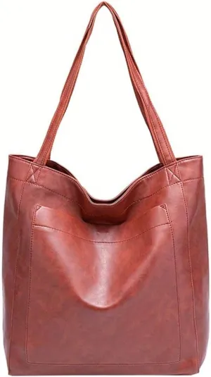 Women's Soft Vegan Leather Shoulder Bag Retro Large Tote Handbag Casual Bucket Top Handle Purse