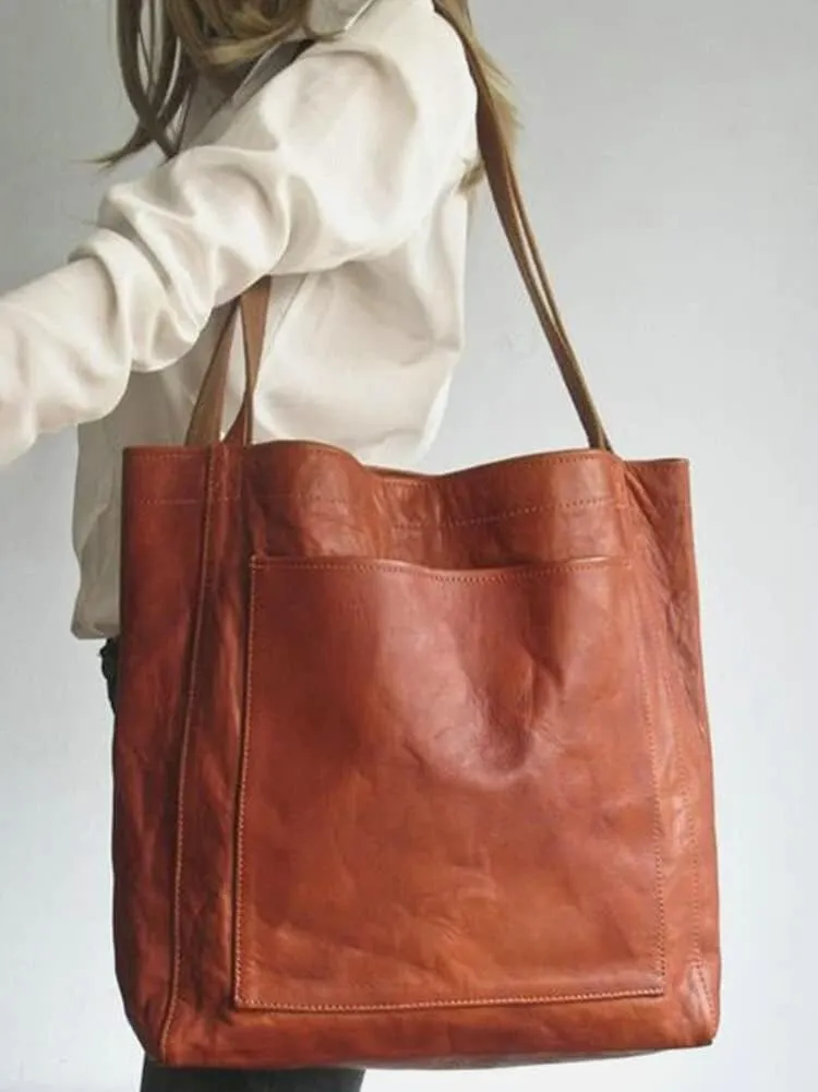Women's Soft Vegan Leather Shoulder Bag Retro Large Tote Handbag Casual Bucket Top Handle Purse