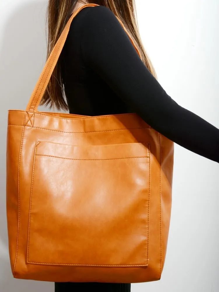 Women's Soft Vegan Leather Shoulder Bag Retro Large Tote Handbag Casual Bucket Top Handle Purse